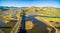Aerial panorama landscape of Murray Valley Highway and bridge over Lake Hume, Victoria, Australia