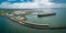 Aerial panorama of large industrial nautical vessel moored at docks in Williamstown, Melbourne, Australia.