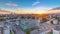 Aerial panorama of Moscow at sunset timelapse from rooftop. Skyscrapers, Kremlin towers and churches, stalin houses at