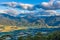 Aerial panorama of Mount Beauty town and pondage at sunset. Kiewa valley, Victoria, Australia.