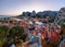 Aerial Panorama of Omis and Cetina River Gorge in the Evening