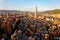 Aerial panorama over Downtown Taipei, capital city of Taiwan with view of prominent Taipei 101 Tower amid skyscrapers