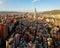 Aerial panorama over Downtown Taipei, capital city of Taiwan with view of prominent Taipei 101 Tower amid skyscrapers