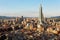 Aerial panorama over Downtown Taipei, capital city of Taiwan with view of prominent Taipei 101 Tower amid skyscrapers