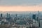 Aerial panorama over Downtown Taipei with layers of mountain in background in the dusk from Xiangshan Elephant Mountain.