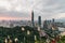 Aerial panorama over Downtown Taipei with Taipei 101 Skyscraper with grass flower and trees on mountain in foreground.