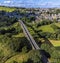 An aerial panorama over the Thornton viaduct towards the town of Thornton, Yorkshire, UK