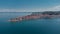 Aerial panorama of picturesque city of Piran at the heart of Slovenian istria on a sunny day. Calm sea and blue skies