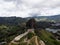 Aerial panorama of Piedra Del Penol El Penon de Guatape rock stone inselberg monolith granite dome in Antioquia Colombia