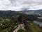 Aerial panorama of Piedra Del Penol El Penon de Guatape rock stone inselberg monolith granite dome in Antioquia Colombia