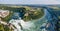 Aerial panorama of Rhine Falls with Schloss Laufen castle, Switzerland.