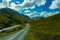 An aerial panorama of the road following the River Etive near to Glencoe, Scotland