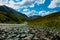 An aerial panorama of the road following the River Etive near to Glencoe, Scotland