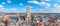 Aerial panorama of Saint Bavo cathedral and Gent cityscape from the Belfry of Ghent on a sunny day.