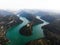 Aerial panorama of Sant Pere de Casserres cloister monastery isolated church on hill at Ter river bend Catalonia Spain