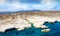 Aerial panorama of the Sarakiniko beach and landscape on the island of Milos, Greece