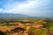 Aerial Panorama of Semien mountains and valley with fields of teff around Lalibela in Ethiopia