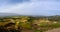 Aerial Panorama of Semien mountains and valley with fields of teff around Lalibela,Ethiopia