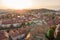 Aerial panorama of the Slovenian capital Ljubljana at sunset.