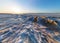 Aerial panorama of snow sunrise wave on the shore of Olkhon. Baikal