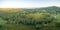 Aerial panorama of sunset over countryside.