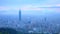 Aerial panorama of Taipei City with a view of Tamsui River and downtown area in twilight