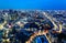 Aerial panorama of Tokyo Downtown at blue dusk, with view of illuminated Tokyo Tower among crowded buildings