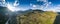 Aerial panorama of valley, morning fog over mountains, Twisting road, Tops and slopes of mountains