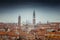 Aerial panorama of venetian bell towers and houses in a cloudy day, Venice