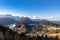 Aerial Panorama view of the Bavarian Alps mountains with the famous Hohenschwangau Castle and Alpsee lake, Schwansee lake on a