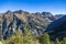 Aerial panorama view of Calanca valley and Swiss Alps in Grisons on the hiking trail from Rifugio Pian Grand to Capanna Buffalora