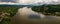 Aerial panorama view of the Danube river at Danube bend. There is the city of Visegrad and the Upper Castle of Visegrad on the