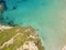 Aerial panorama view of the famous semicircular sandy beach and lagoon of Voidokilia in Messenia, Greece