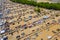 Aerial panorama view on flea market with miscellaneous items and crowds of buyers and sellers in Englishtown NJ USA