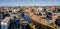 Aerial panorama view of Leeds Dock city centre skyline and Roberts Wharfe waterfront properties