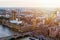 Aerial panorama view on London. View towards Houses of Parliament, London Eye and Westminster Bridge on Thames River.