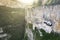 Aerial Panorama View of Madonna della Corona Sanctuary, Italy. The Church Built in the Rock.