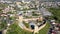 Aerial panorama view of Old castle in Ukraine. Moving the camera forward on the subject.