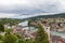 Aerial panorama view of old town cityscape of Schaffhausen and the Rhine river from the Munot fortification in summer on a cloudy