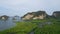 Aerial panorama view picturesque tropical mountain rock island sea sunny landscape