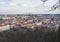 Aerial panorama view of Prague city centre cityscape and skyline with many historic and modern buildings and Vltava