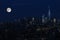 Aerial and panorama view of skyscrapers of New York City, Manhattan. view of night midtown of Manhattan with stars and moon