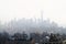 Aerial and panorama view of skyscrapers of New York City in the mist. Top view of midtown of Manhattan