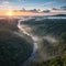 An aerial panorama view of tropical rainforest in morning misty, Stunning sunrise view of Borneo Rainforest made with