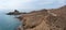 Aerial panorama view of the wild and rugged coastline of the Cabo de Gata Nature Reserve in Andalusia