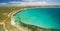 Aerial panorama of Vivonne Bay and pier in Summer. Kangaroo Island, South Australia.