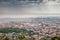 Aerial panorama of Vrsac, in Voivodina, Serbia, during a cloudy rain storm, seen from the Vrsacki Breg, or Vrsac hill, major city