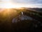 Aerial panorama of white observation on cliff edge Urlingerwarte on Blassenstein mountain hill in Scheibbs Lower Austria