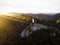 Aerial panorama of white observation on cliff edge Urlingerwarte on Blassenstein mountain hill in Scheibbs Lower Austria