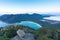 Aerial panorama of Wineglass ay beach and Freycinet National Par